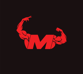 Fitness Gym logo with letter M, bicep flex logo, gym and fitness logo, design, emblem and icon