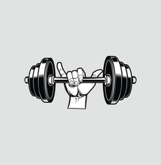 Gym logo. Fitness icon. Black and white illustration of a hand with dumbbell, isolated on the white background.