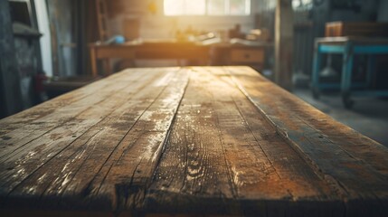 Antique weathered wooden table and workshop setting. Vintage photo with backdrop and imitation. Natural sunlight and shadows.