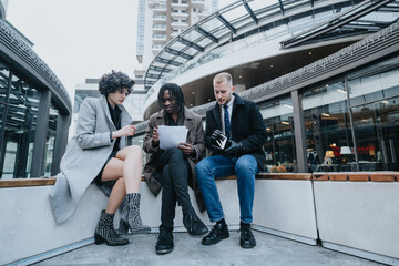 A multiracial trio of business partners engaged in a discussion over paperwork, seated outdoors in a contemporary urban environment..