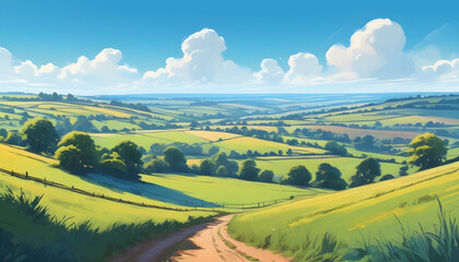 Fototapeta premium Serene Countryside Landscape With Lush Green Fields and Clear Blue Sky, illustration