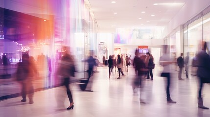 Fototapeta premium busy people at shopping mall, blurred motion and selective focus, men and women in rush at retail shop trading center