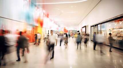 busy people at shopping mall, blurred motion and selective focus, men and women in rush at retail shop trading center
