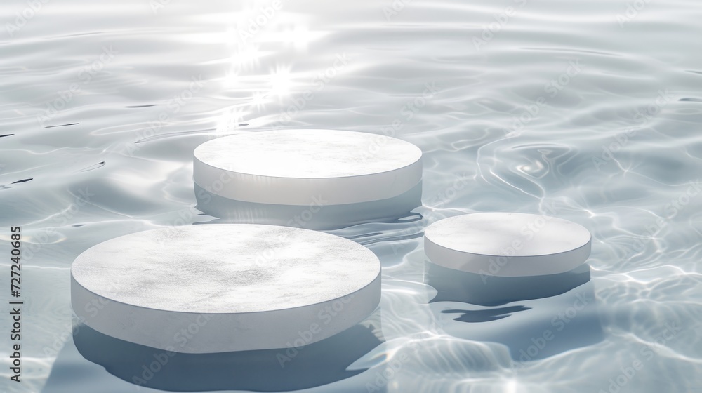 Aufkleber A flat lay cosmetic mockup with a clear white circle podium on a transparent calm water texture while a splash and wave are reflected in the sunlight. Abstract nature background for product