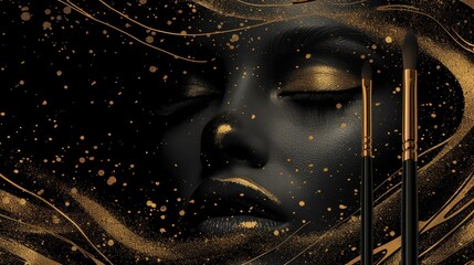Luxurious line art background with gold accents for cover design, with makeup brush