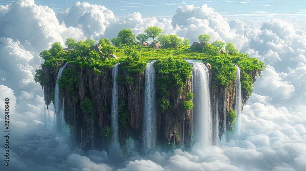 Poster the floating forest island is surrounded by clouds and greenery, with waterfalls and rivers. the isl