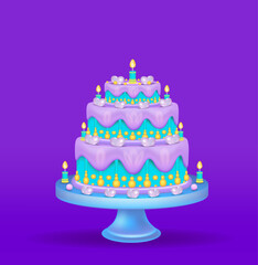 A birthday cake with icing, candles and a heart.
Vector illustration of a 3d icon.
