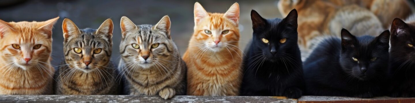 Cats of different colors in a row.