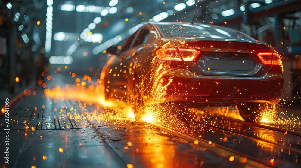 Poster an automobile production line's welding arm is in use