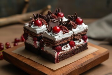 Cubic black forest cake with cherry on top, Dessert pastry bakery chocolate frosting baking