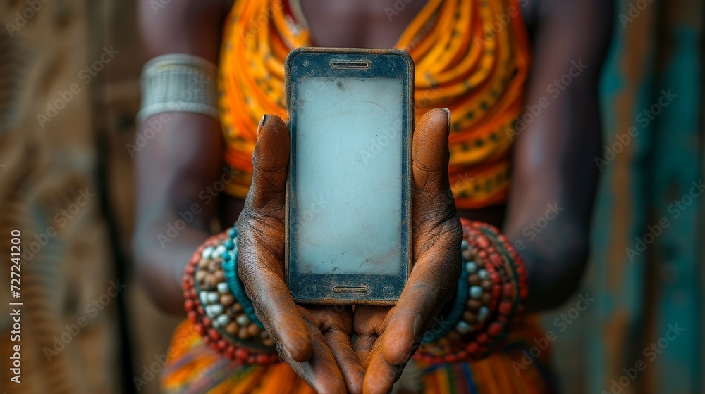 Poster A mature african hand shows off a modern smartphone with an empty screen, isolated on white background. Black woman shows off an empty modern phone screen.