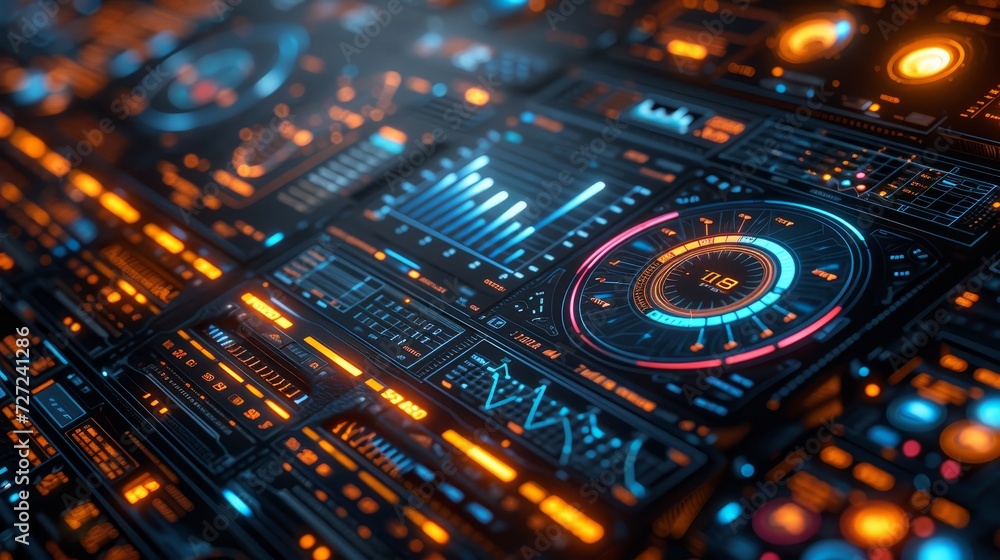 Poster An HUD interface with a 3D global map and business data charts. A dashboard panel with holograms and blue circular diagrams.