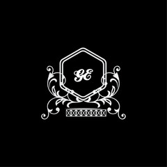 GE Letter, letter GE logo manual elegant minimalist signature logotype. GE luxury crown monogram with the hexagon. Elegant emblem and graceful calligraphy.