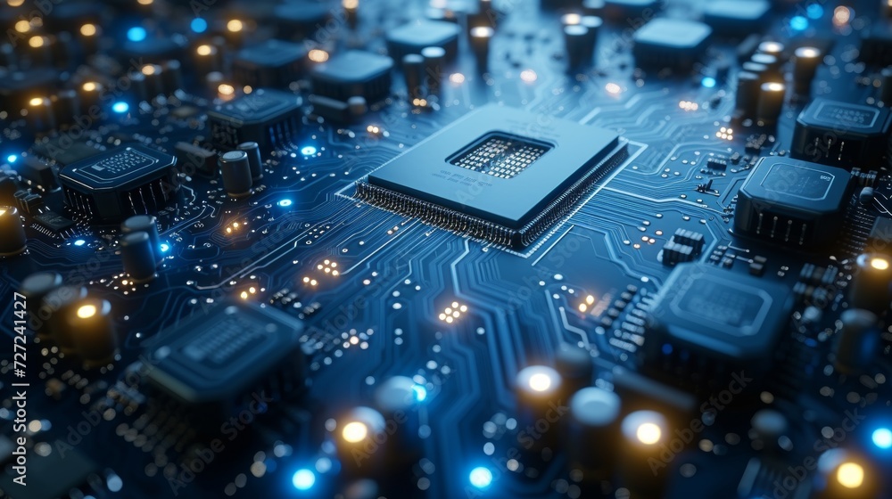 Poster A futuristic blue circuit board background textured with modern technology. Concepts of quantum computers and large data processing. An outline of a minimalist motherboard.