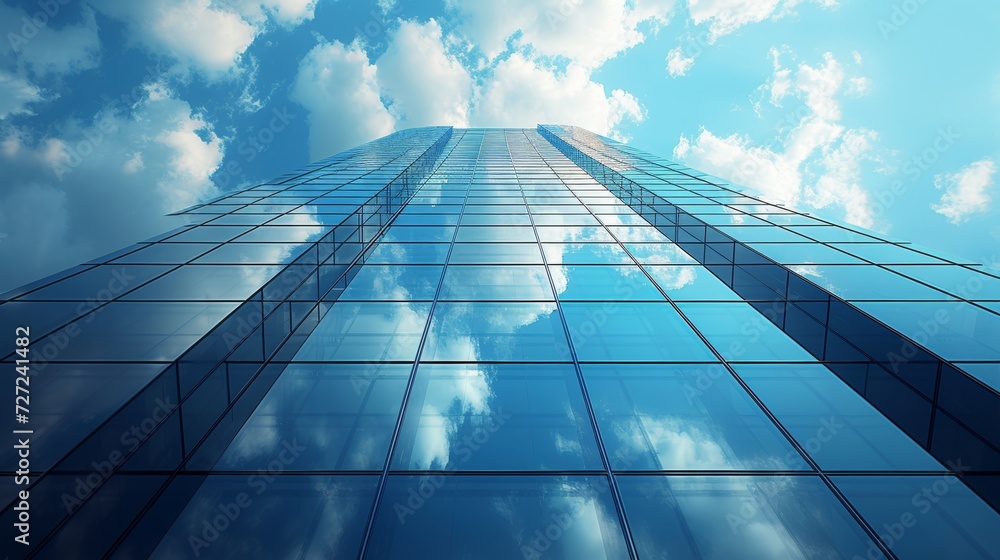 Poster this is a perspective of a highrise building and a dark steel window system with clouds reflecting o