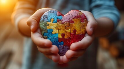 The hands of a young boy holding a puzzle heart is the concept of mental health in children, world autism awareness day, as well as the concept of autism spectrum disorder in teens