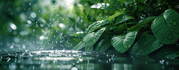 Rain-kissed leaves adorned with natural water droplets, a serene scene of nature.