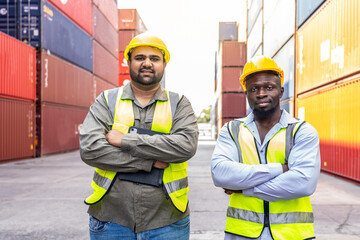Portrait of group male container worker or dock foreman confident and smiling standing at warehouse...