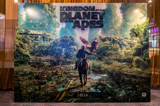BANGKOK, THAILAND, 10 March 2022 - A beautiful standee of a movie called Kingdom of the Planet of the Apes display at the cinema to promote the movie