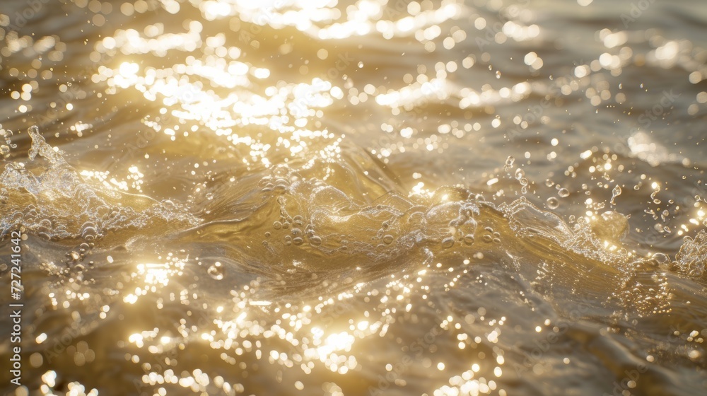Poster Abstract nature background with white-grey waves and splashes in sunlight. Desaturated transparent clear calm water surface texture.