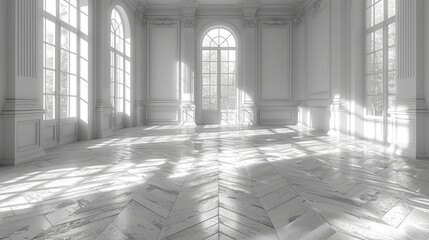 The white room is empty and the wooden floor is clean. Contemporary interior background.