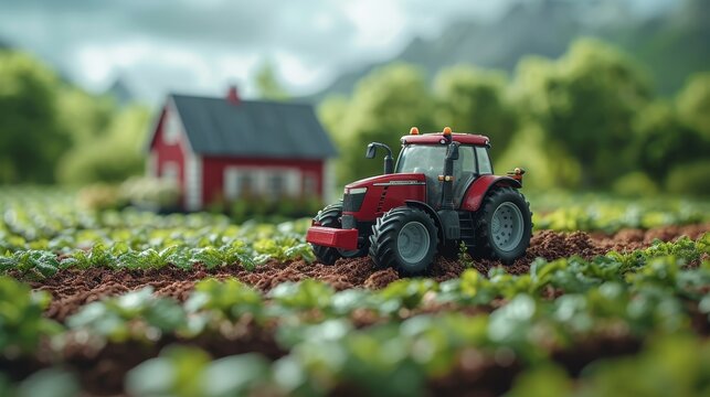 The farmer harvests crops with his tractor on a piece of farm land in 3D. It is a smart farming concept design. Farm island, 2D design of a tractor harvesting crops.