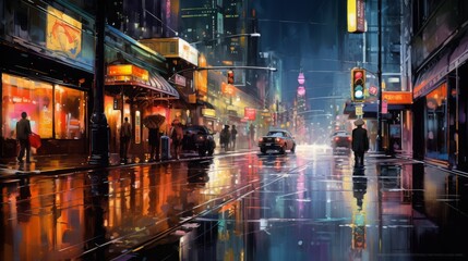 rainy night on a busy street, reflections on wet asphalt, neon lights, 16:9