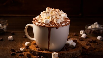 Hot chocolate with marshmallows as topping, beverage photography, copy space, 16:9