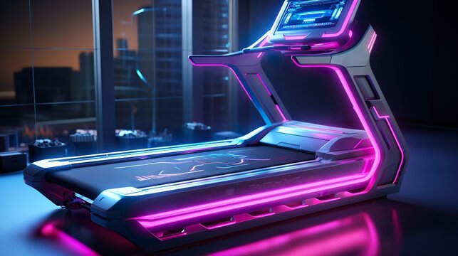 futuristic neon treadmill, future cyberpunk gym concept, in style of purple and blue