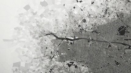 minimalist maps, aerial view, black and white, 16:9