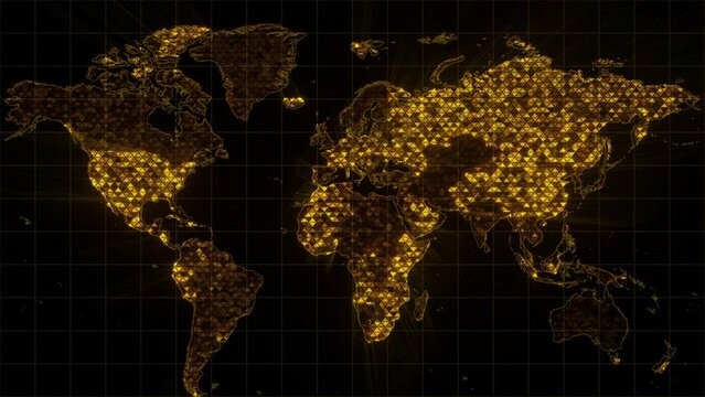 World Map Looped 3d Animation. Networking Low Poly Earth Texture Grid Pattern Moving Lines and Dots.