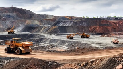 Heavy equipment works in open pits to extract gold. Loading large trucks to transport gold minerals,