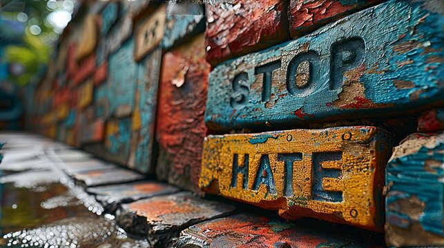 The inscription on the stone wall says "Stop Hate". Concept: a call to stop aggression among people. no bullying online and in real life
