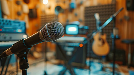 Professional Studio Microphone for Recording.Close-up of a professional studio microphone with pop filter and shock mount set up for vocal recording, with a blurred background of monitors.