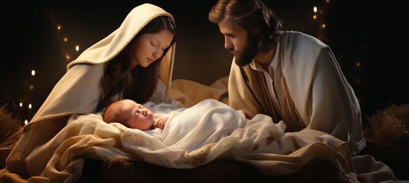 Live christmas nativity scene with mary, joseph, and baby jesus in old barn, birth of christ child
