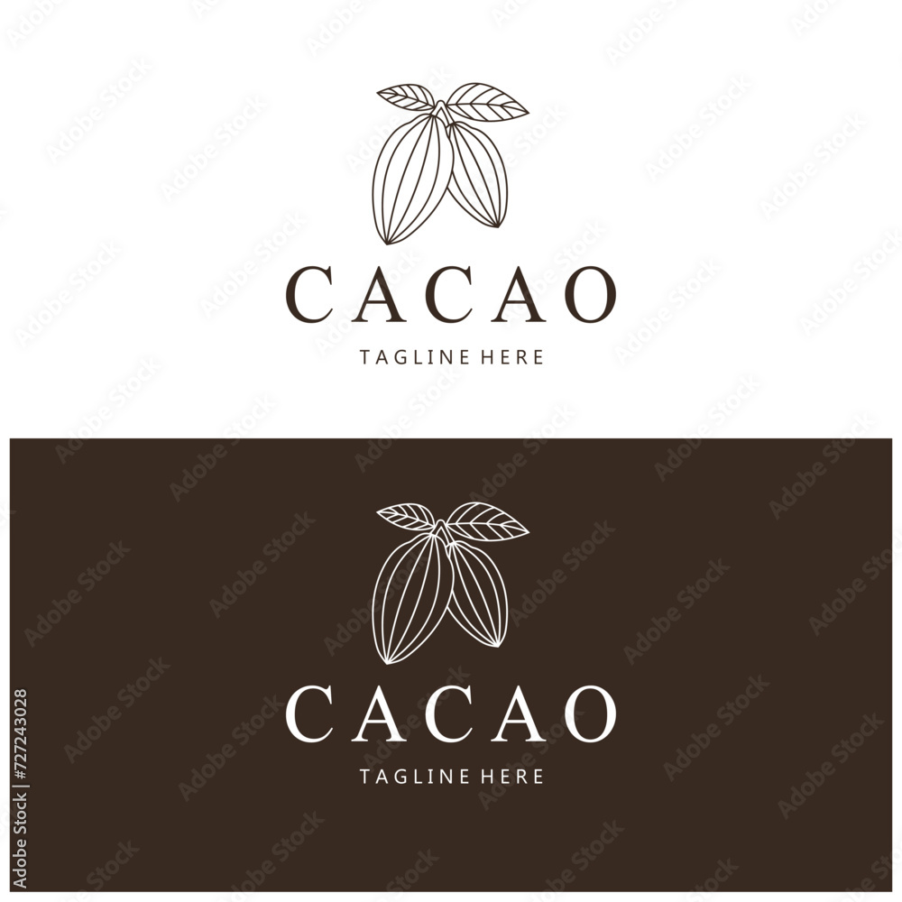 Wall mural cocoa logo,cocoa bean,cocoa tree,cocoa branches and leaves,chocolate mix on white background,vintage