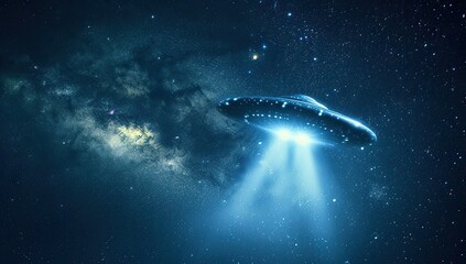 UFO emitting beams of light into space. The concept of extraterrestrial civilizations and contact.
