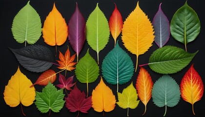 Fototapeta na wymiar Illustration of different colored plant leaves lined up next to each other in different shapes and sizes - ai generated