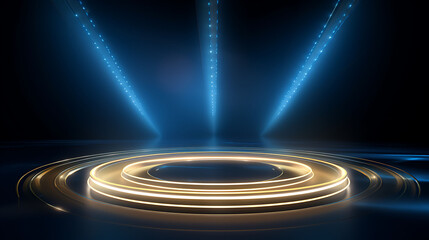  Empty Golden Stage or Podium with Blue Neon Spot Lights, Blue Neon Lights Illuminate a Golden Masterpiece or product