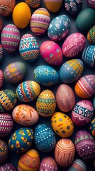 Fototapeta na wymiar Colorful Easter eggs with patterns on a dark background. The concept of the Easter holiday and handcraft.