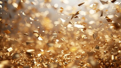Gold confetti in the air on a light background. The concept of celebration and joy.