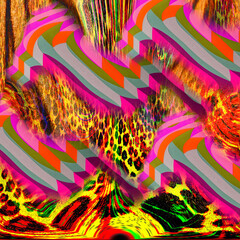 Combination textile collage pattern of wave and lines colored leopard snake tiger textures
