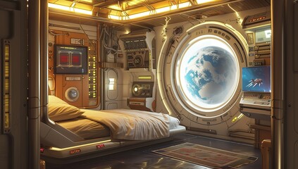 Space cabin with a view of Earth. The concept of living in space.