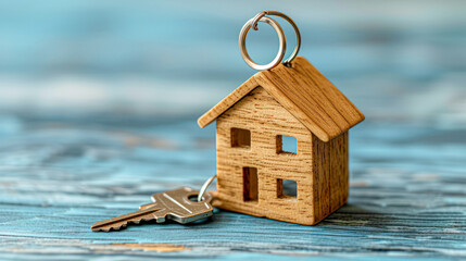 Close-up of a house key with a wooden house-shaped keychain, isolated on a white background, concept of home ownership. - obrazy, fototapety, plakaty