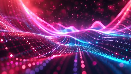 Fototapeta premium Neon wave in digital space. The concept of network data transmission and information flows.