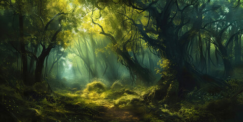 Fototapeta na wymiar Fantastic forest with giant trees, atmospheric and fairy-tale landscape.