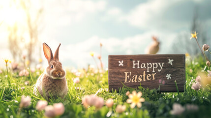 Bunnies beside a 'Happy Easter' sign amidst a vibrant field of spring flowers, capturing the joyful essence of the Easter holiday.