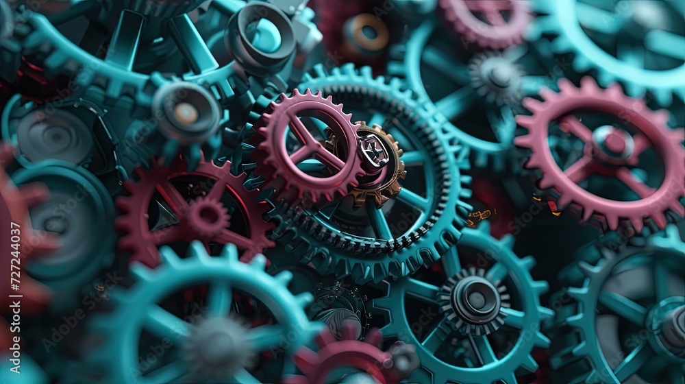 Poster Close-up view of interconnected teal and pink cogwheels, symbolizing complexity and mechanical engineering.