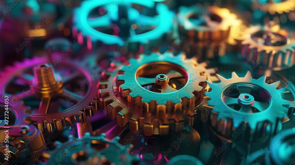 Poster a macro shot revealing the vibrant details and complexity of interconnected gears in a machinery set