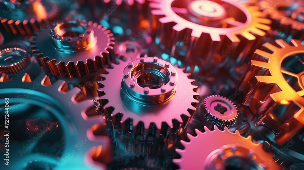 Poster macro photograph showcasing the intricate design and interlocking of teal and orange mechanical gear